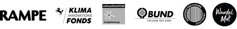 SoliDach-Partner: RAMPE, BUND, Verbraucher-Zentrale Energie-Beratung, Klima-Innovations-Fonds der Stadt Stuttgart, Scientists For Future Region Stuttgart, Bewegung und Kooperative WandelMut (je die Logos)